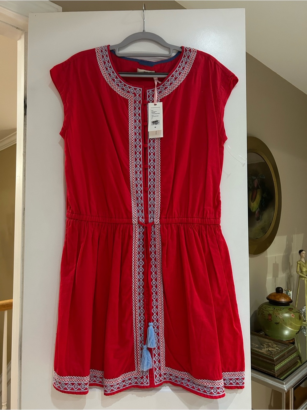 Vineyard Vines Red Cotton Embroidered Tassel-Front Midi Dress